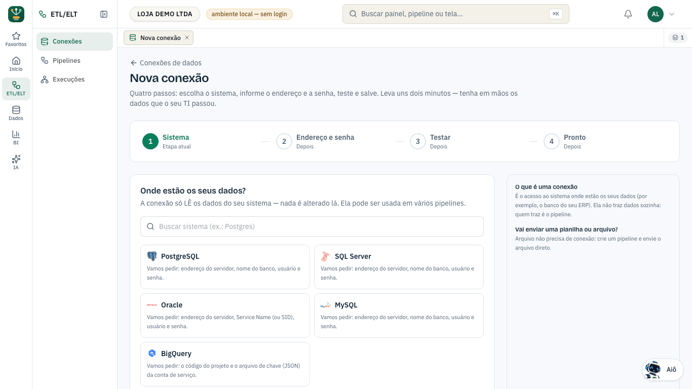 First step of the ingestia.io connection wizard: the question “Where is your data?” and the systems that can be connected
