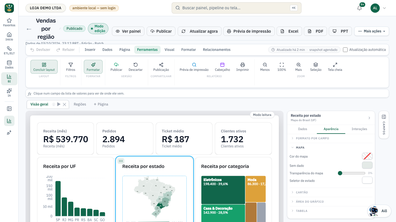 Mapa do Brasil selecionado, com a seção Mapa aberta na aba Aparência