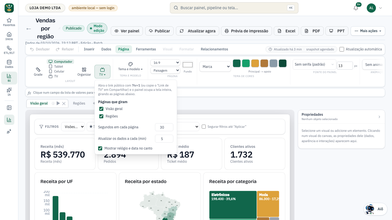 Caixa do Modo TV aberta: Páginas que giram, Segundos em cada página, Atualizar os dados a cada (min) e Mostrar relógio e data no canto