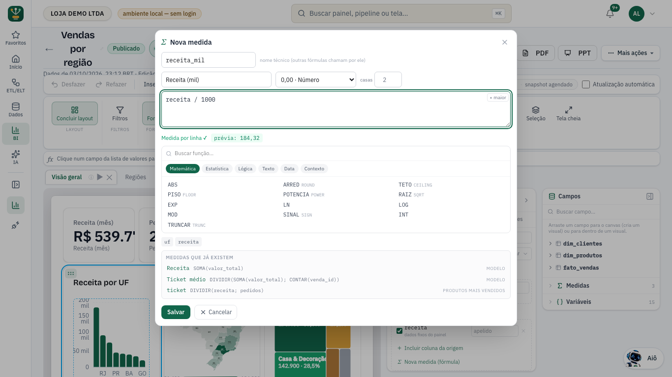 Editor de fórmula aberto para uma nova coluna calculada, com a prévia do resultado