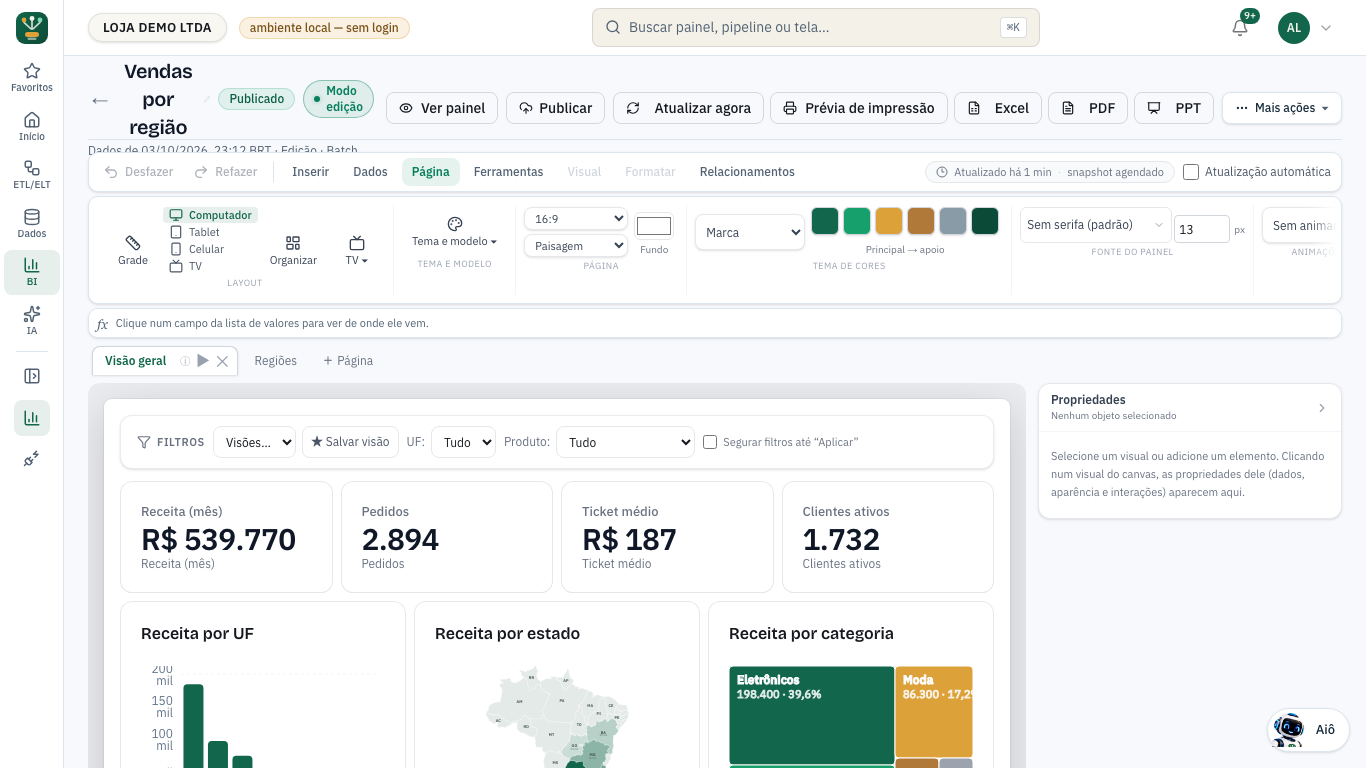 Faixa Página aberta, com a coluna Computador, Tablet, Celular e TV no grupo Layout
