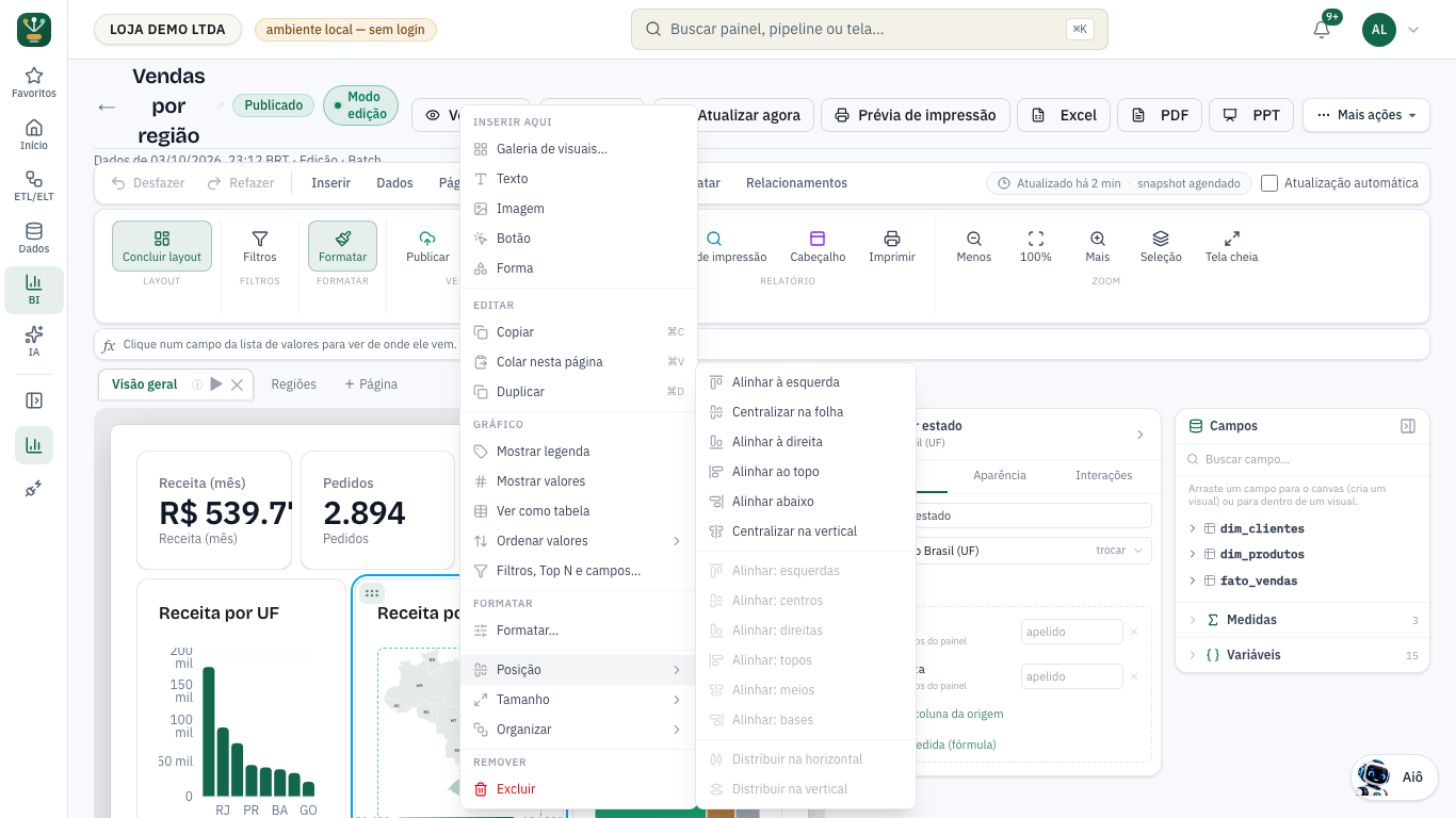 Submenu Posição aberto ao lado do menu do botão direito