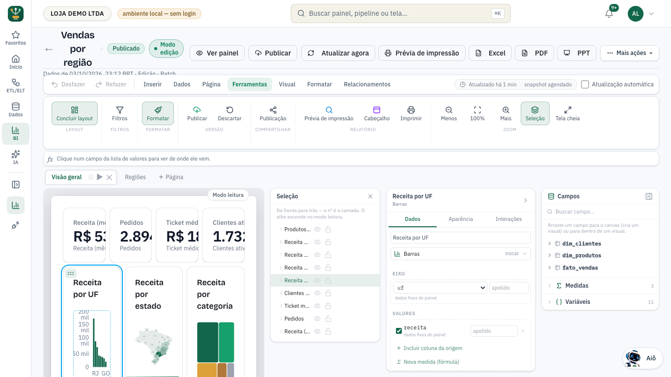 Modo Mover e ajustar ligado, com as alças do cartão selecionado e o painel Seleção aberto