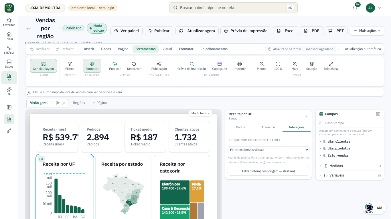 Aba Interações com a escolha entre filtrar e só realçar e o botão Editar interações