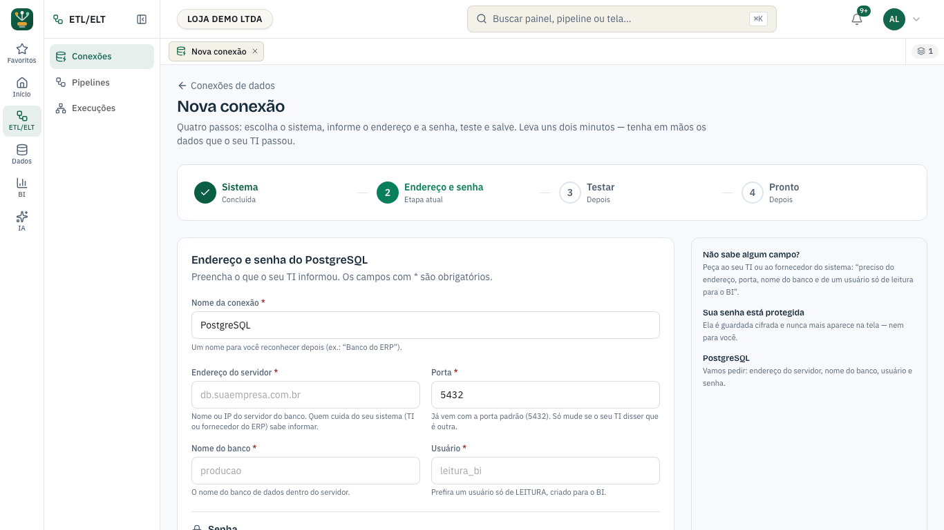 Passo 2 do assistente: nome da conexão sugerido, endereço do servidor, porta, nome do banco, usuário e senha, cada um com a sua ajuda