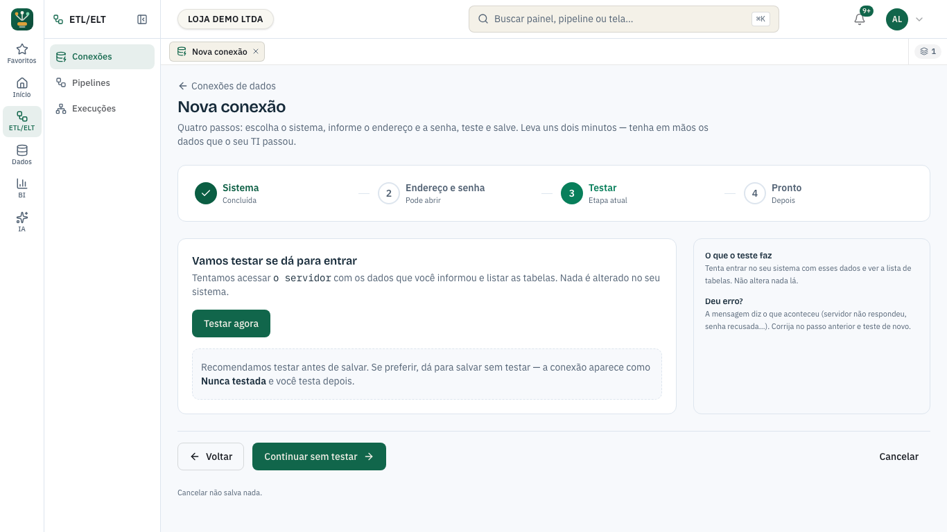 Passo 3 do assistente: o botão Testar agora e o que o teste faz