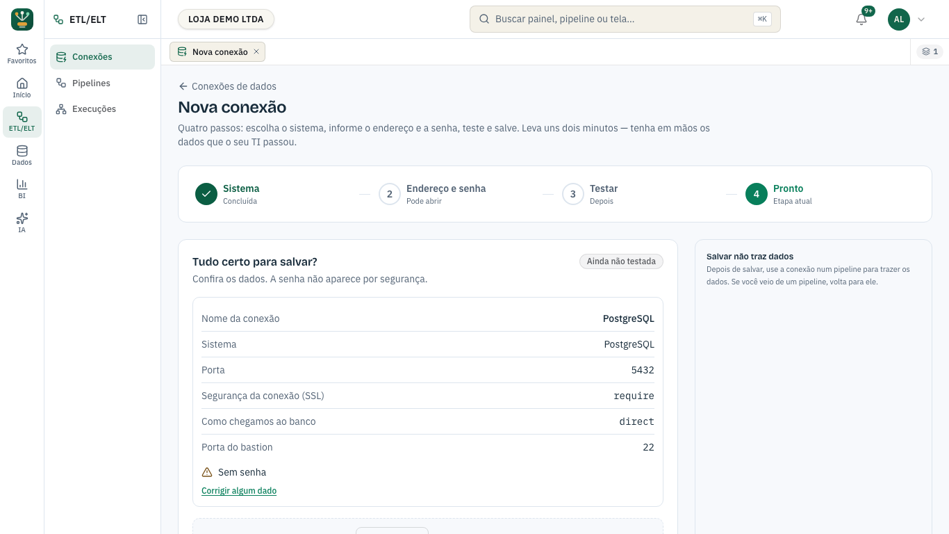 Passo 4 do assistente: o resumo do que será salvo e o selo do teste