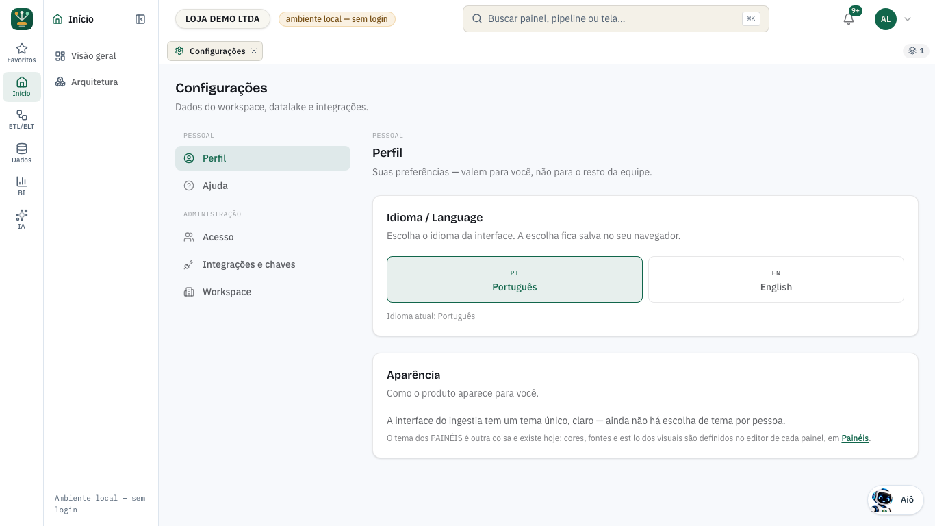 Tela Configurações aberta na seção Perfil, com os grupos Pessoal e Administração à esquerda e o cartão de idioma à direita