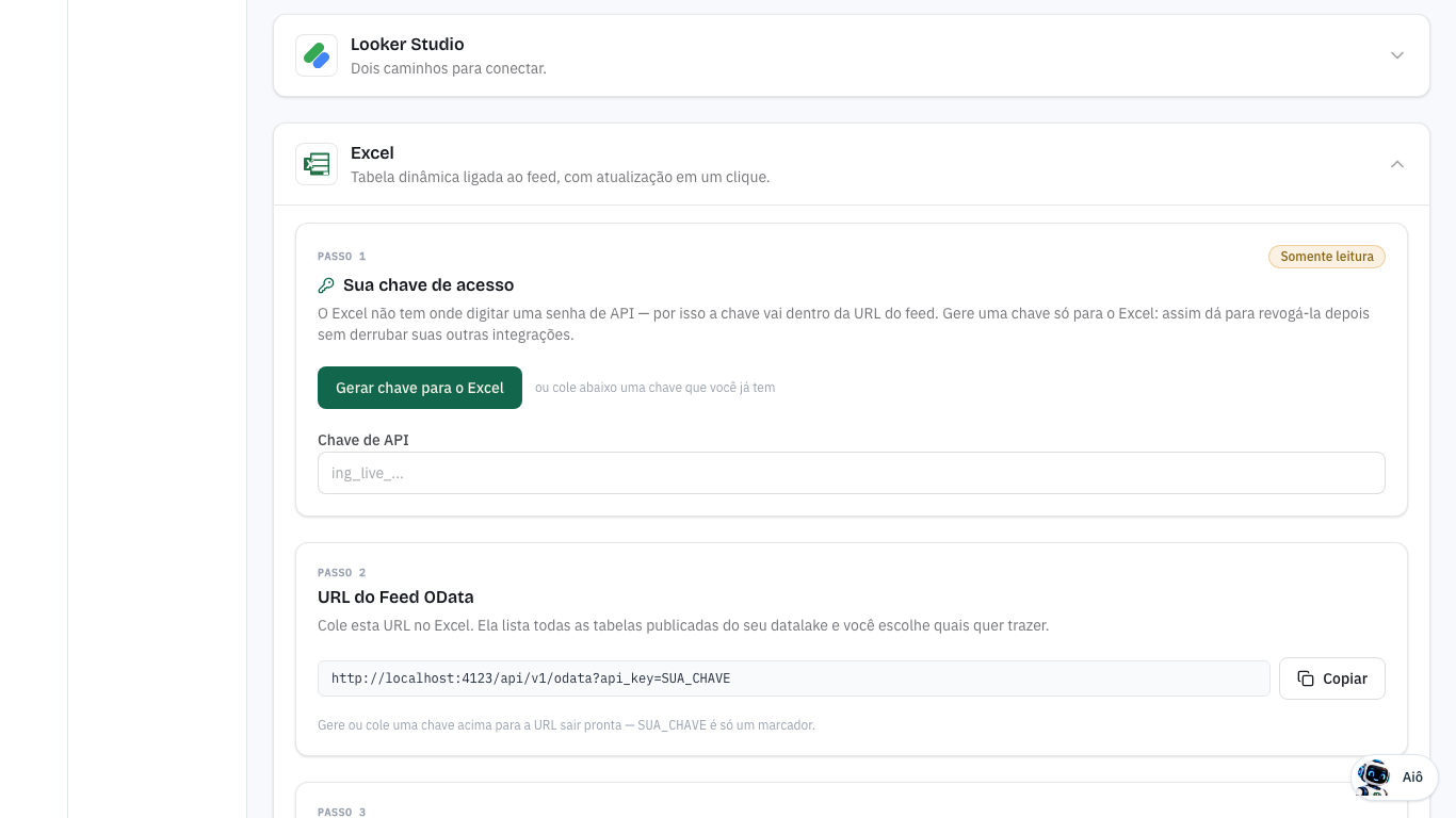 Bloco Excel aberto antes de gerar a chave: Passo 1 Sua chave de acesso com Gerar chave para o Excel, Passo 2 URL do Feed OData ainda com o marcador SUA_CHAVE, e o começo do Passo 3 No Excel