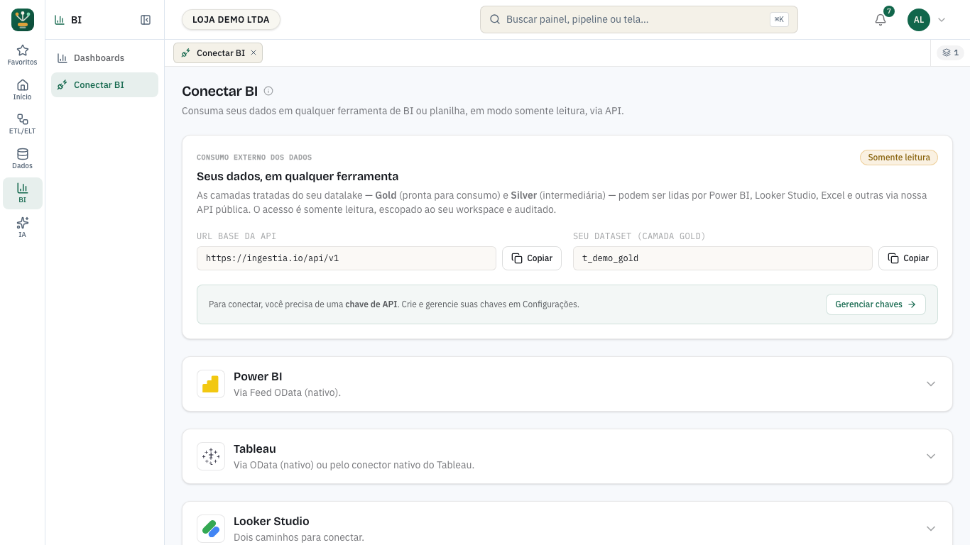 Tela Conectar BI: o quadro Seus dados, em qualquer ferramenta, com a URL base da API, o dataset da camada gold, Gerenciar chaves e os blocos de cada ferramenta
