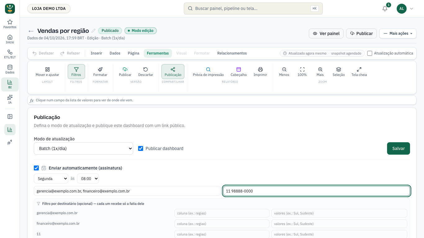 Painel Publicação no editor com Enviar automaticamente (assinatura) marcado, o dia e a hora, os campos de e-mail e WhatsApp, o Filtro por destinatário e o botão Salvar assinatura