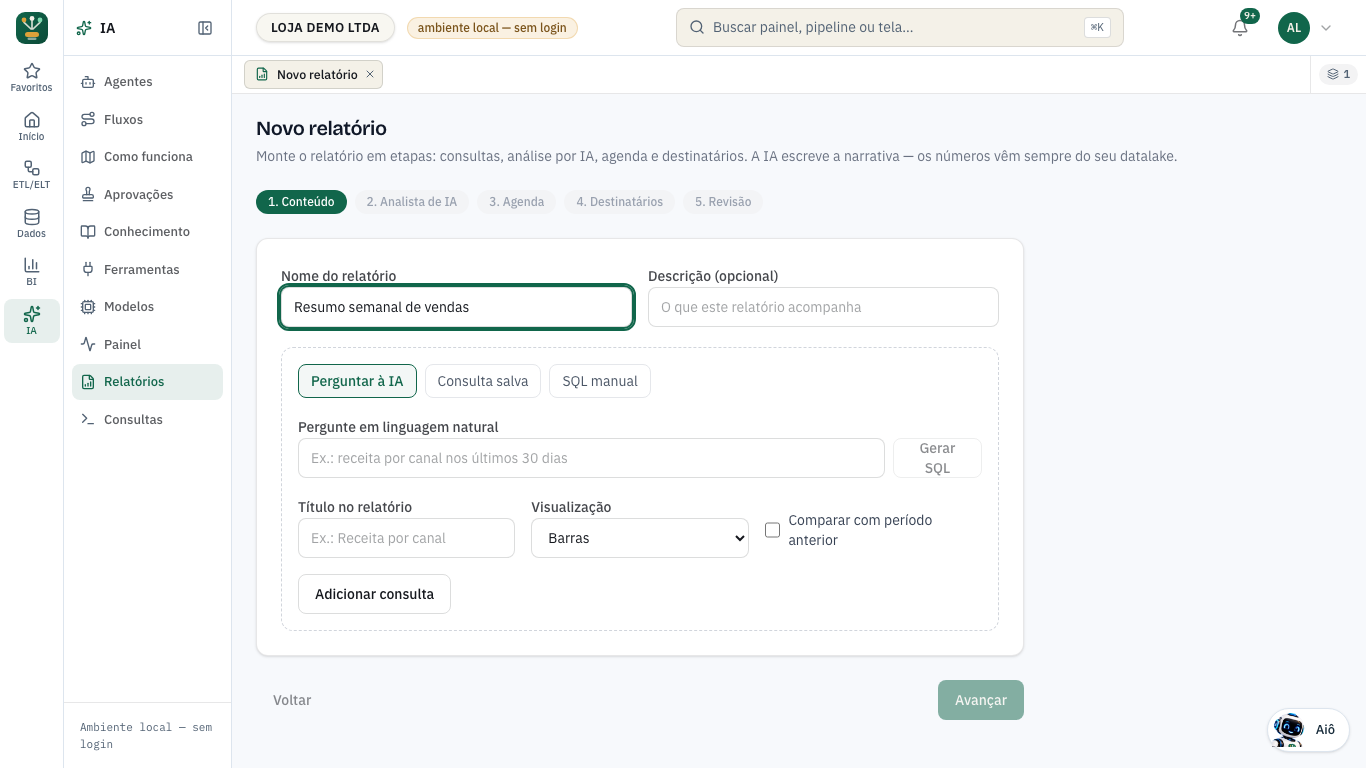 Etapa 1 · Conteúdo do Novo relatório, com Nome do relatório e as Consultas do relatório (Perguntar à IA, Consulta salva, SQL manual)
